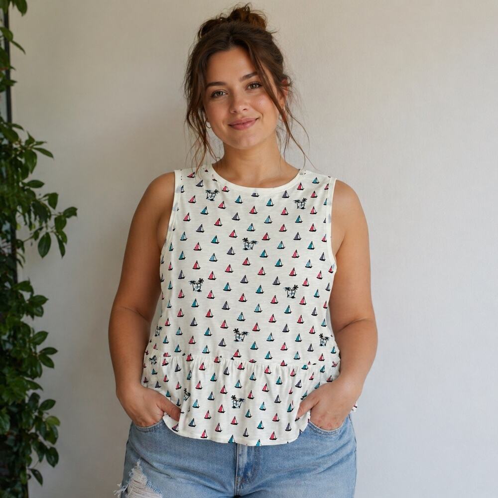 Lane Bryant Peplum Style Tank Top Womens 22/24 Sail Boats All Over White Cotton